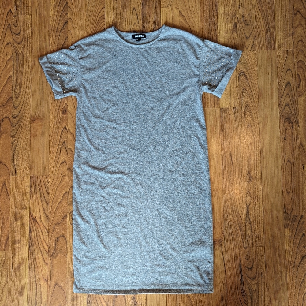 Express Rhinestone Sleeve T-Shirt Dress in Gray, Size Small